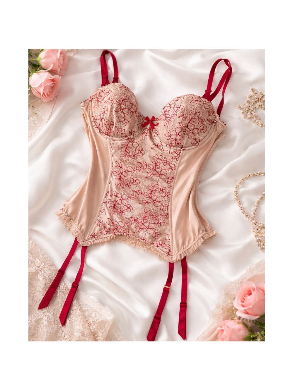 Victoria’s Secret Red Lace Satin Bustier Corset 36C Lace-Up Valentine Lingerie